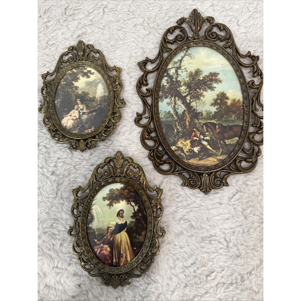 Set of 3 Antique Mini Victorian Ornate Italian Silk Cameo Art Brass Frame